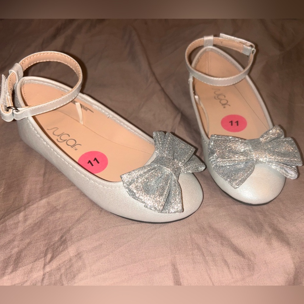 Silver Glitter Bow Ankle-Strap Ballet Flats